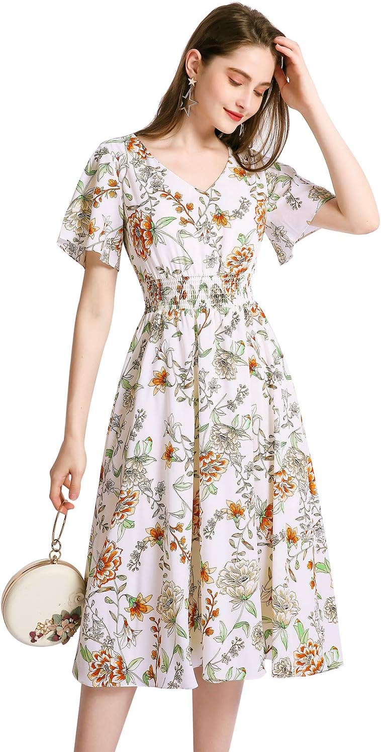 Gardenwed chiffon floral dress for women elastic waist dress