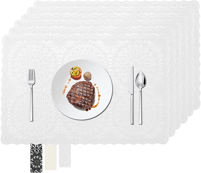 Miorkly Placemats Set of 6,Place Mats Grey,Table Mats Hand-carved PVC Plastic,Double-sided Available,Waterproof and Oil Proof,Heat Resistant Anti-slip Washable.