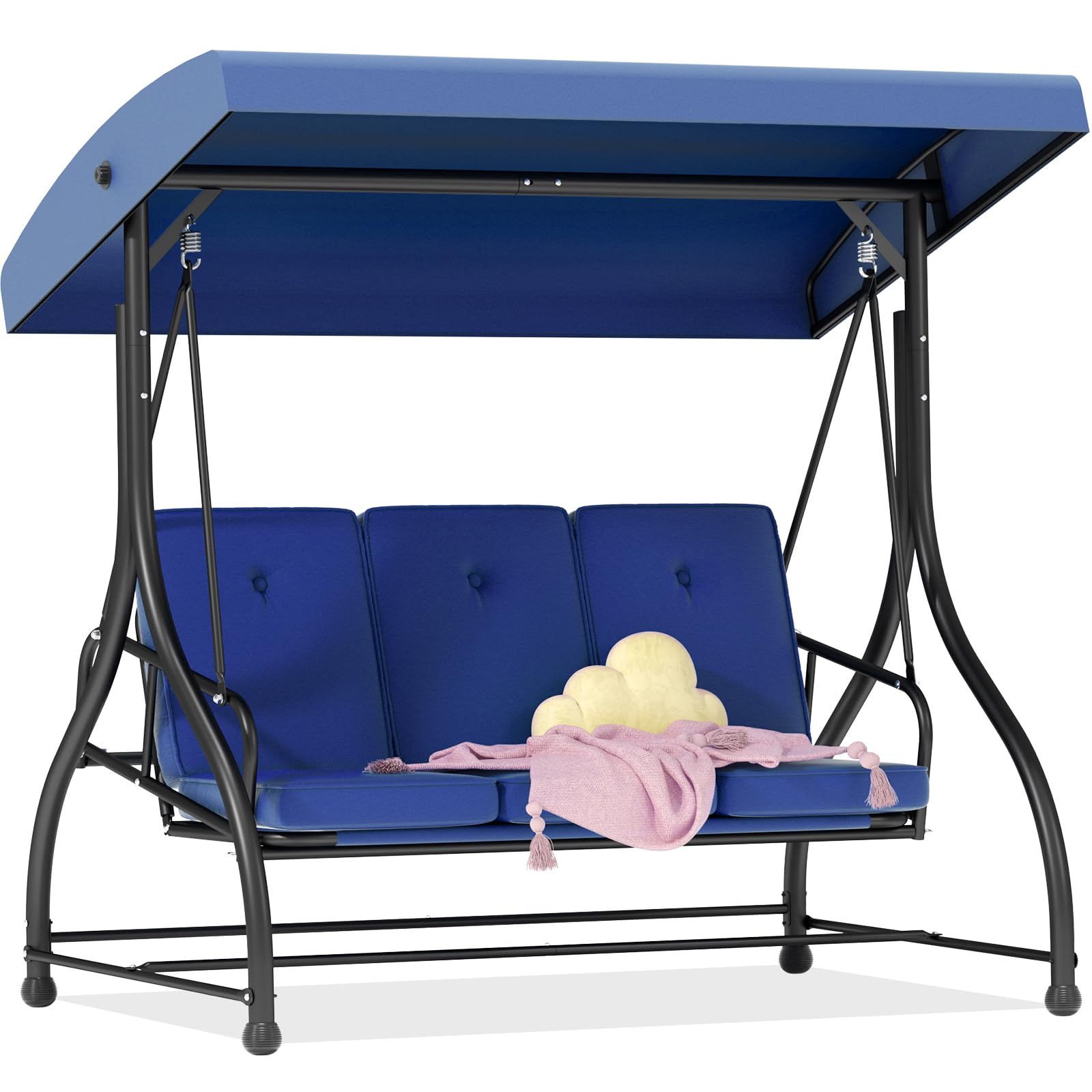 3-Seat Porch Swing Bed with Adjustable Canopy Removable Cushions, Heavy  Duty Steel Frame Outdoor Patio Swings Glider Chair for Backyard, Garden