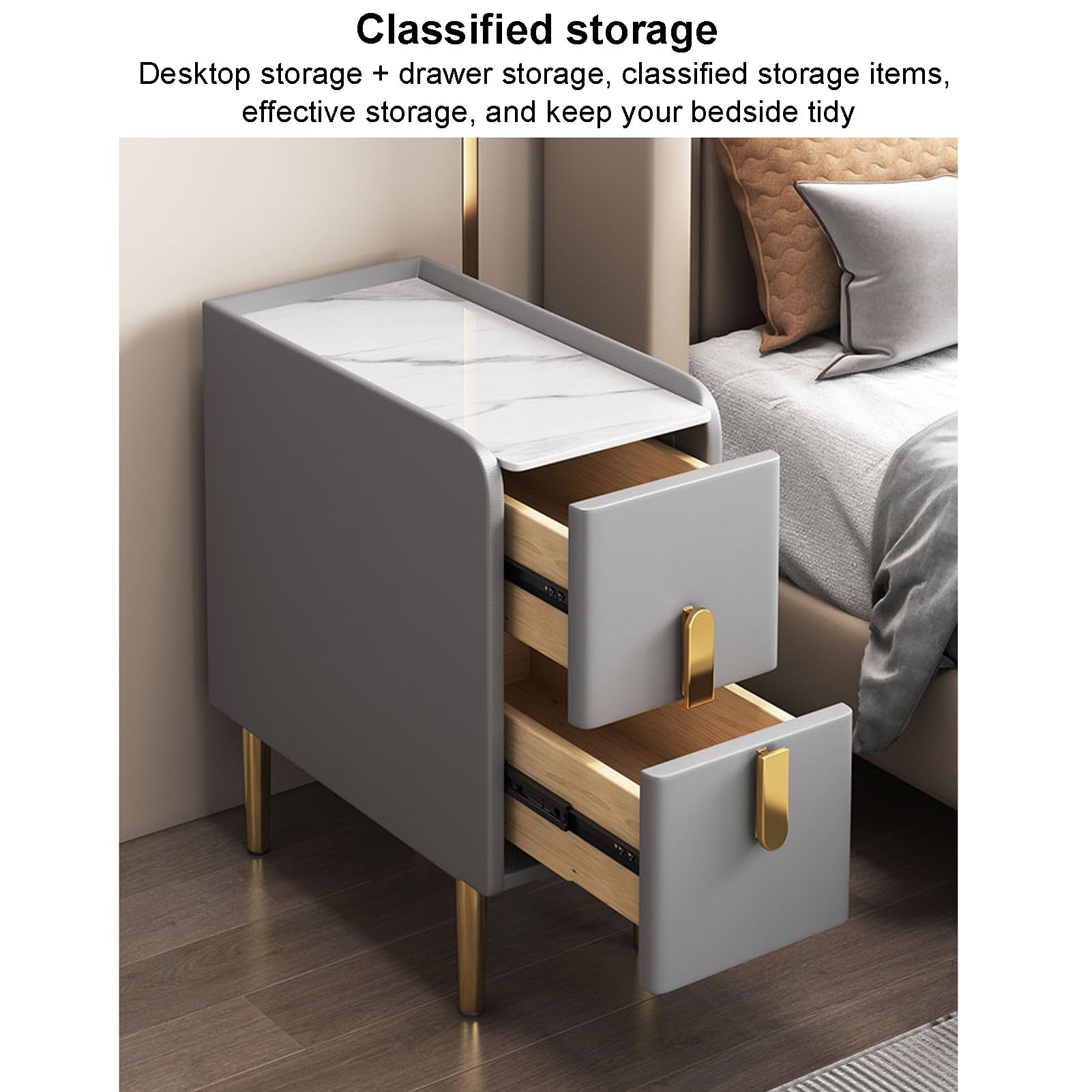 Comodino Moderno in Similpelle con Piano in Marmo, Comodino Stretto, tavolino Laterale di Lusso con 2 cassetti e Gambe in Metallo, mobiletto portaoggetti per camere da Letto, Arancione
