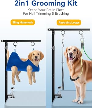 Adjustable Foldable Dog Grooming Arm with Clamp, 2640 in Height, Safety Hammock & No-Sit Holders, Grooming Restraint for Small & Medium Dogs