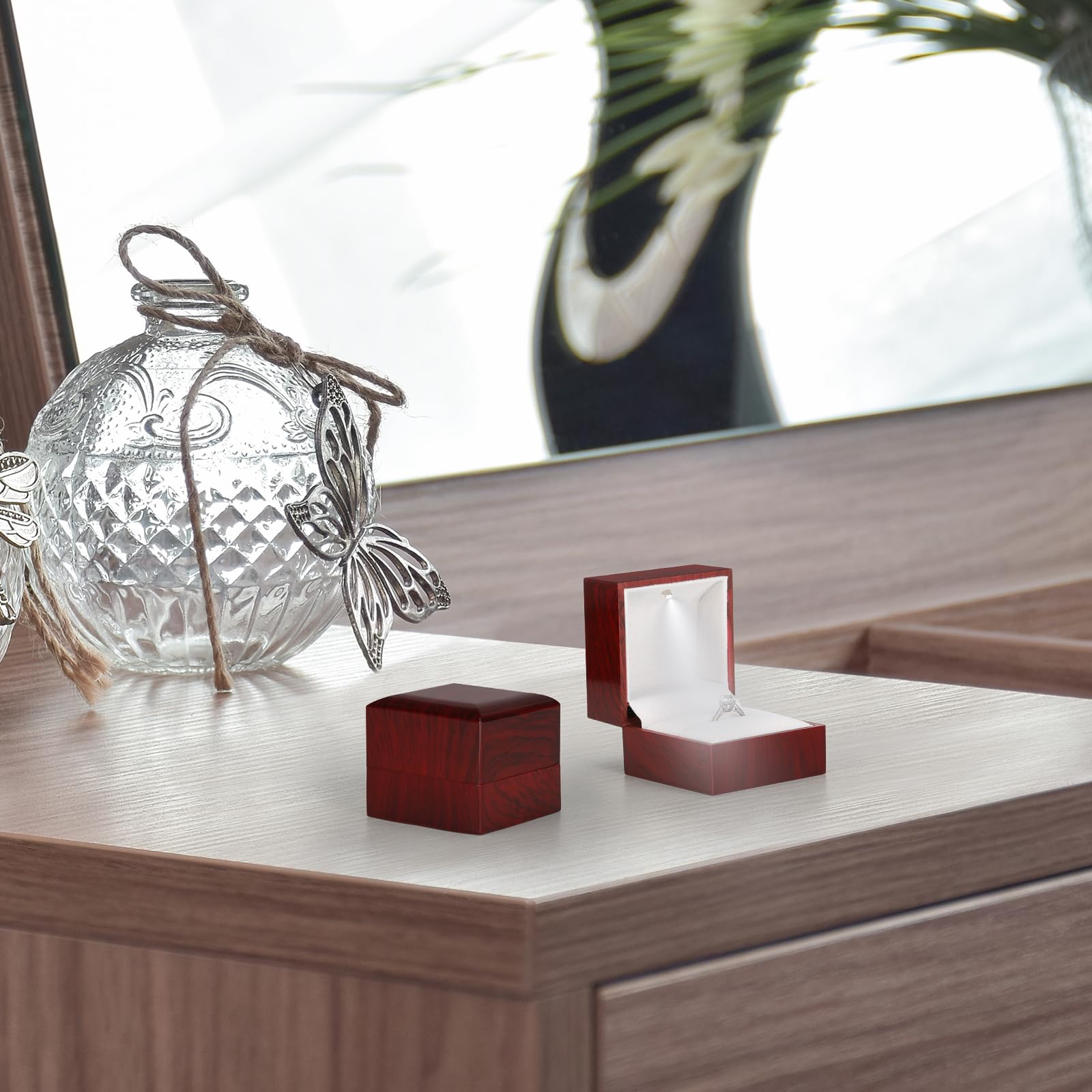 Scatola Portaanelli In Legno Con Luce LED – Portagioie Per Matrimonio, Proposta E Fidanzamento