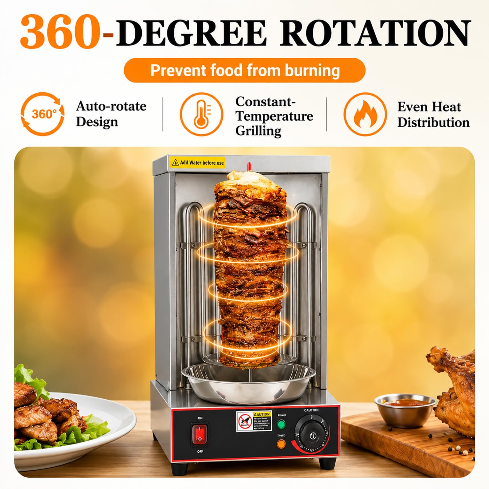 Shawarma elektryczny grill, pionowa maszyna do giro, moc 2400 W, ogrzewanie na podczerwień, 360° obrót, 20 funtów, 9 cali kolumny, taca zbierająca tłuszcz, stal nierdzewna