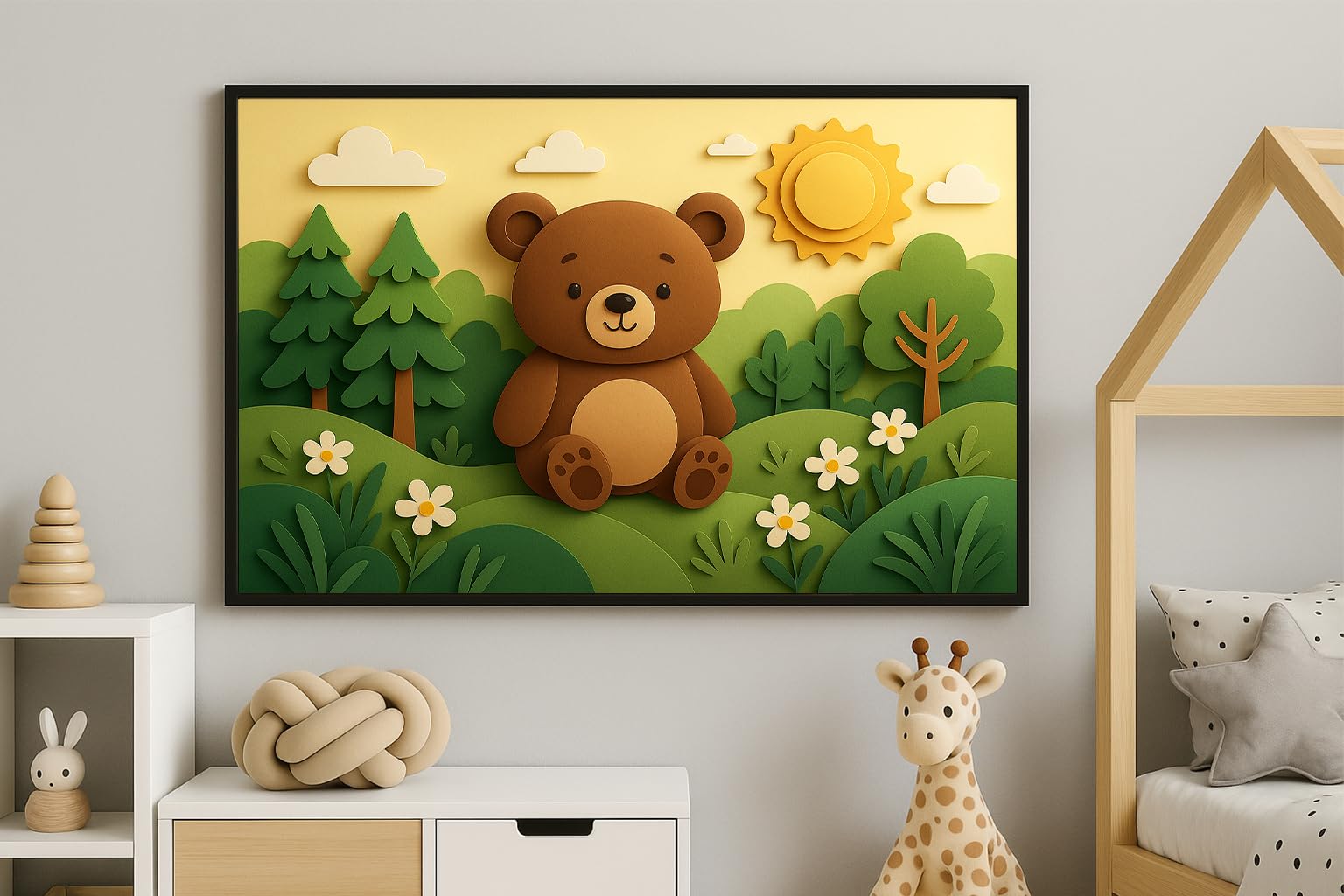 Artefizio Cuadro Infantil Decorativo con Animales, Bastidor Extra Grueso, Lienzo Personalizado con Nombre para Dormitorio de Bebé, Guardería o Aula de Juegos, Made In Italy (Sunny Bear Hills)