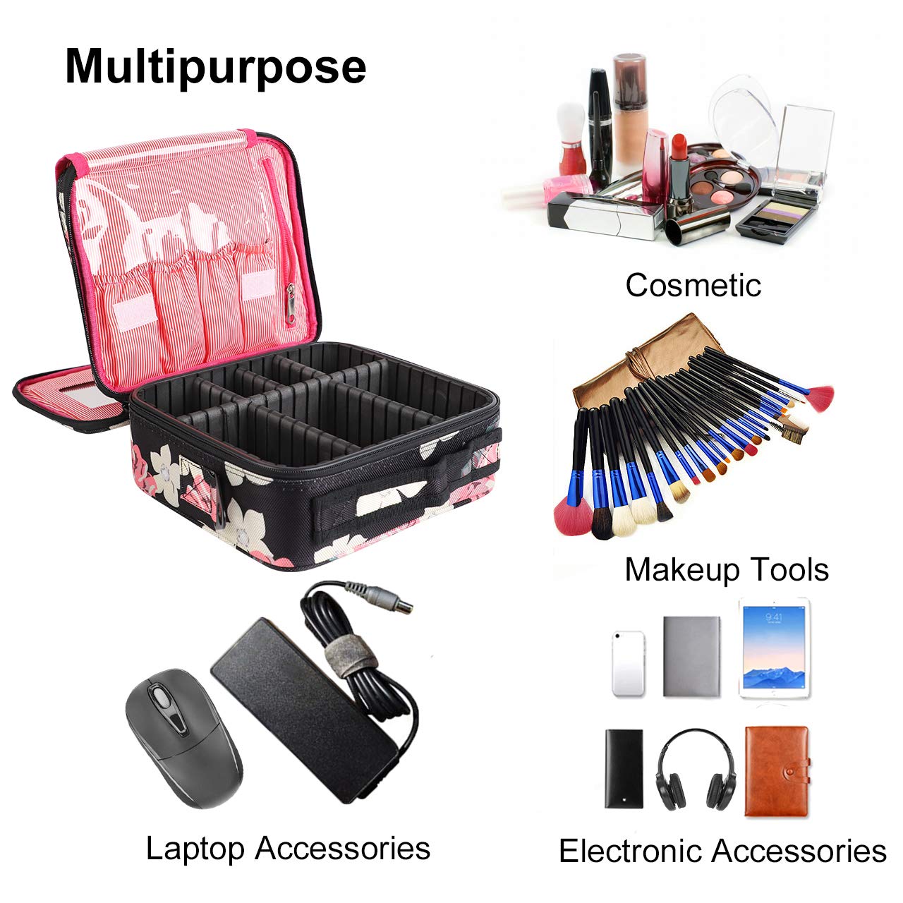 Kootek Travel Makeup Bag 2 Layer Portable Train Cosmetic Case Organizer with Mirror Shoulder Strap Adjustable Dividers for Cosmetics Makeup Brushes Toiletry Jewelry Digital Accessories