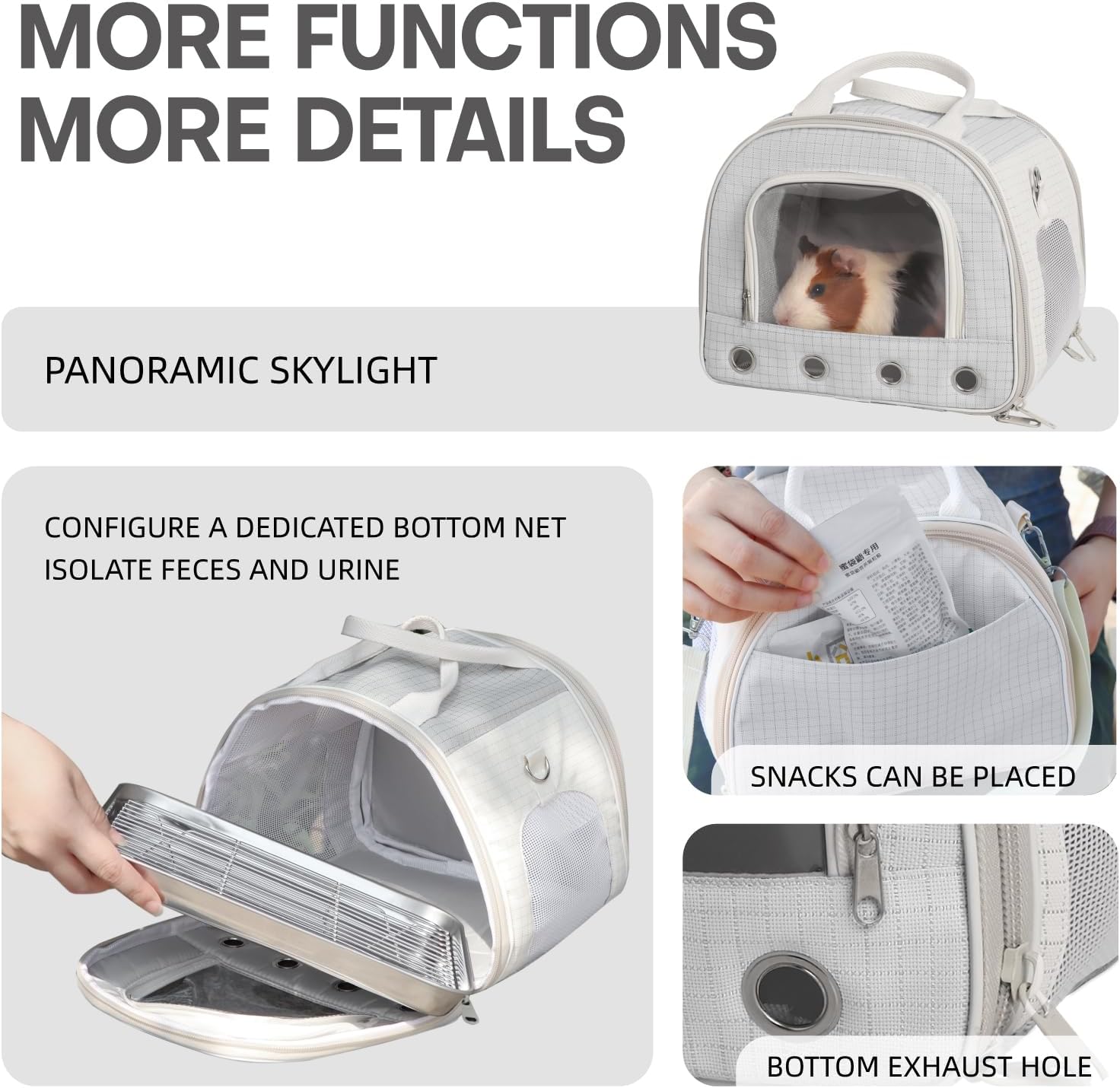 Gray Rabbit Travel Bag with Panoramic Skylight & Bottom Mesh | Odor Control Carrier for Squirrel/Small Birds | Outdoor Adventure Gear with Snack Pocket (Gray)