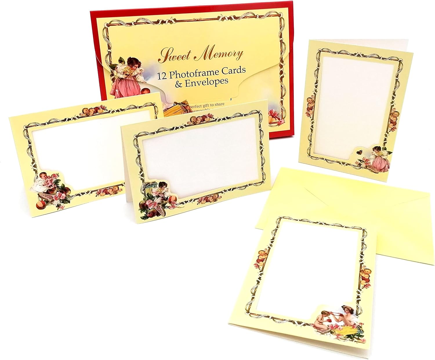 12 Photo Cards with Frame and Envelope Included, Size 10 x 15 cm, in Ivory Laminated Cardboard, Rectangular, Assorted Designs
