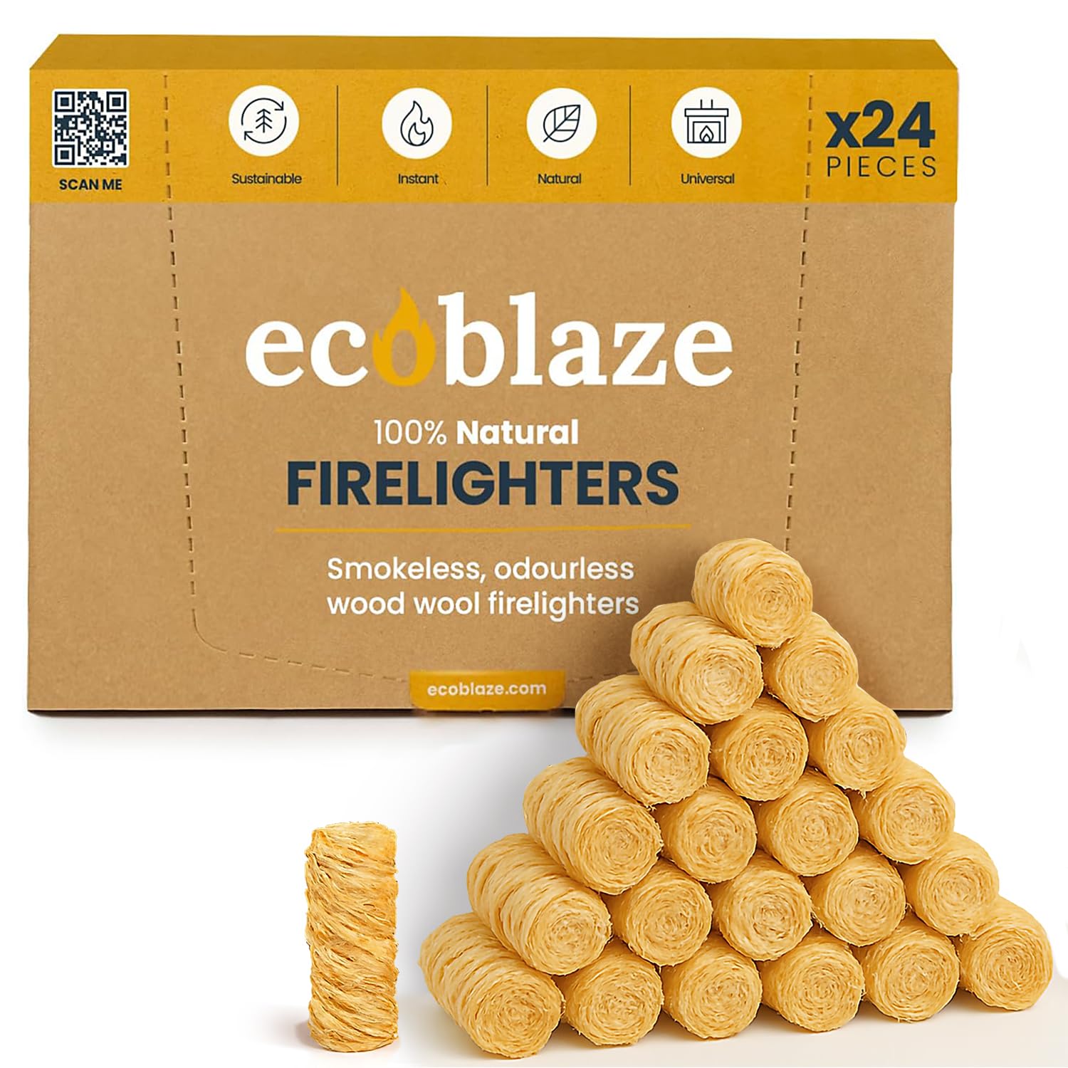 Ecoblaze Beige Natural 24 Firelighters - Fire Lighters For Bbq, Pizza Oven, Fire Pits - Wood Wool Fire Starters - Perfect For Garden Life & Camping, Safe, Clean Wax Coated Instant Firestarter