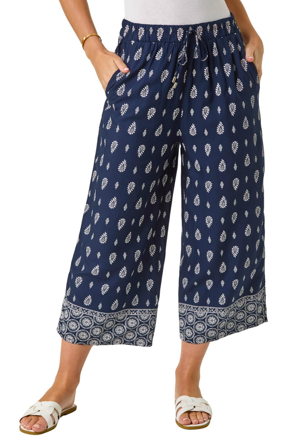 Roman Women's Navy Petite Aztec Border Cropped Trouser In Size 14