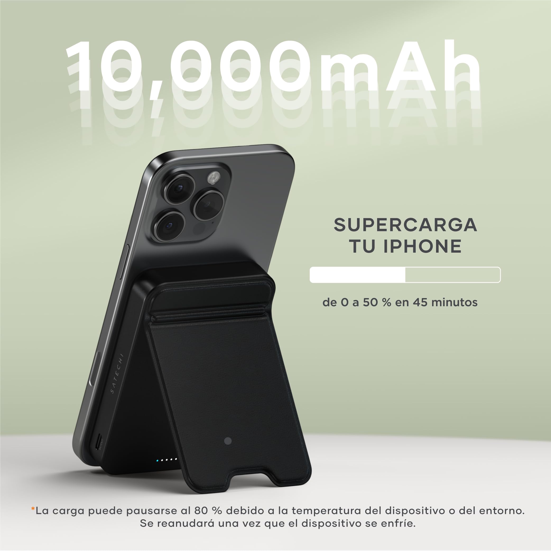 SATECHI OntheGo Power Bank MagSafe 10000mAh, Qi2, Soporte Integrado, Negro | 15W carga inalámbrica rápida para iPhone y Android, compatible con iPhone 17-12 y más
