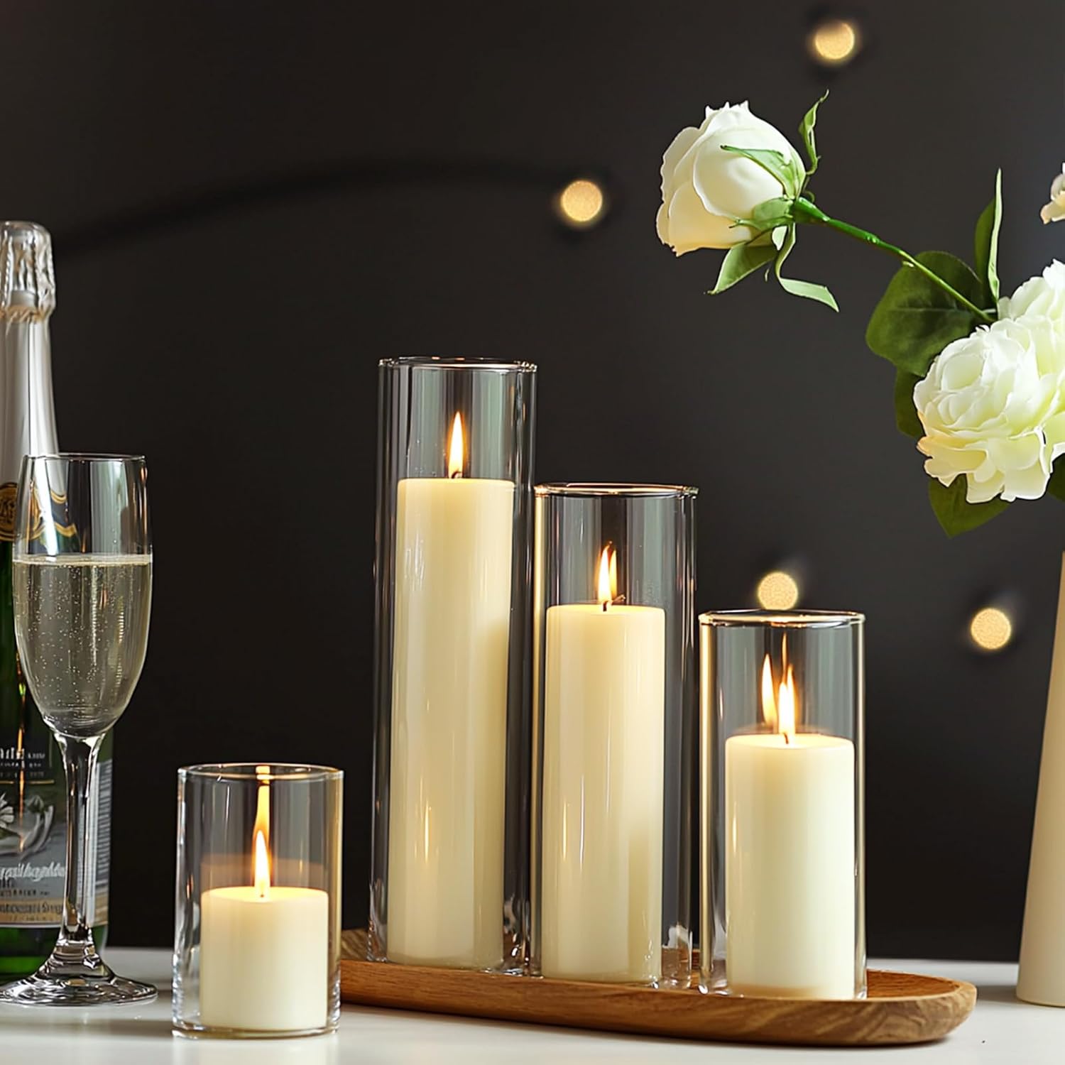 Shihanee Set of 4 Pillar Candles and Glass Cylinder Vases 4 Sizes Clear Cylinder Candle Holders for Pillar Candles Home Table Centerpieces Decoration (Ivory White) - Image 4