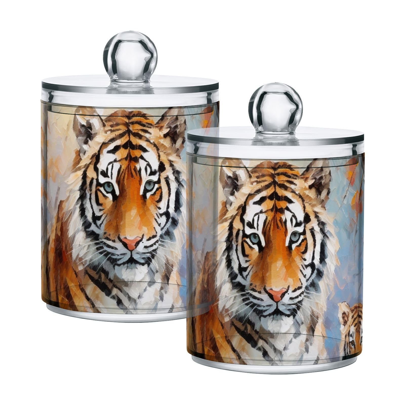 Vnurnrn Qtip Cotton Ball Holder Dispenser with Lid Painting Tigers Family Print, Plastic Jars Bathroom Canisters Storage Organizer 2 Pack