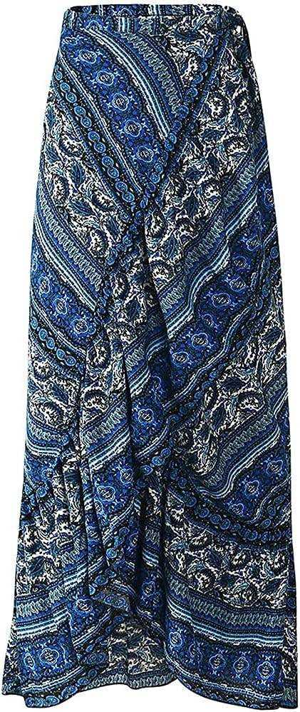 ForeMode Women Boho Print High Waist Side Wrap Bohemian Asymmetric Hem Maxi Long Skirt One Size