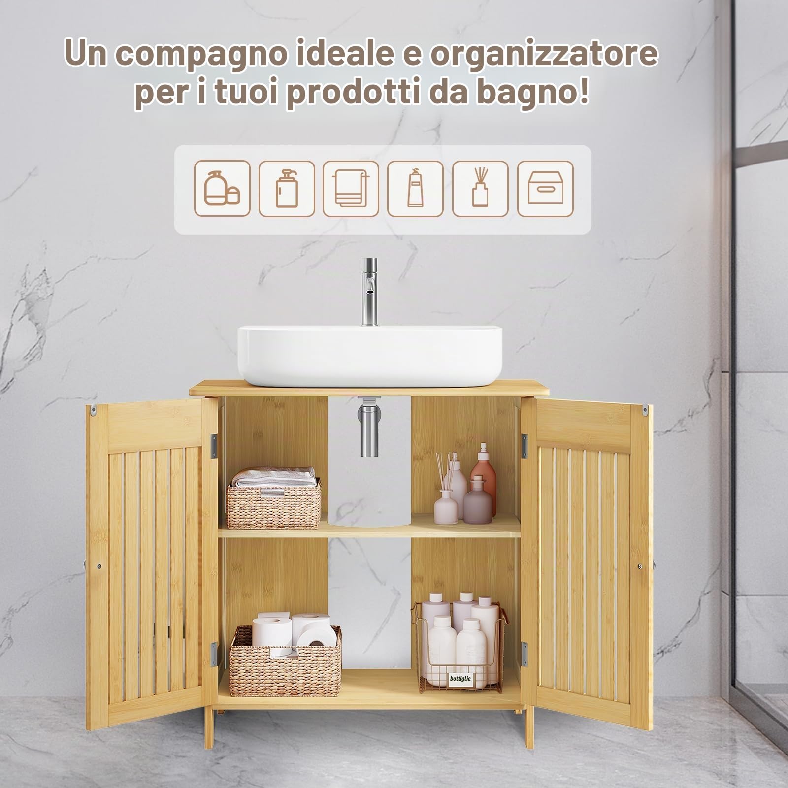 EUGAD Mobile Sottolavabo in Bambù, Armadietto da Bagno, Mobiletto da Sotto Lavandino, con Ante, Ripiano Regolabile, 2 Scomparti, 60x30x60 cm