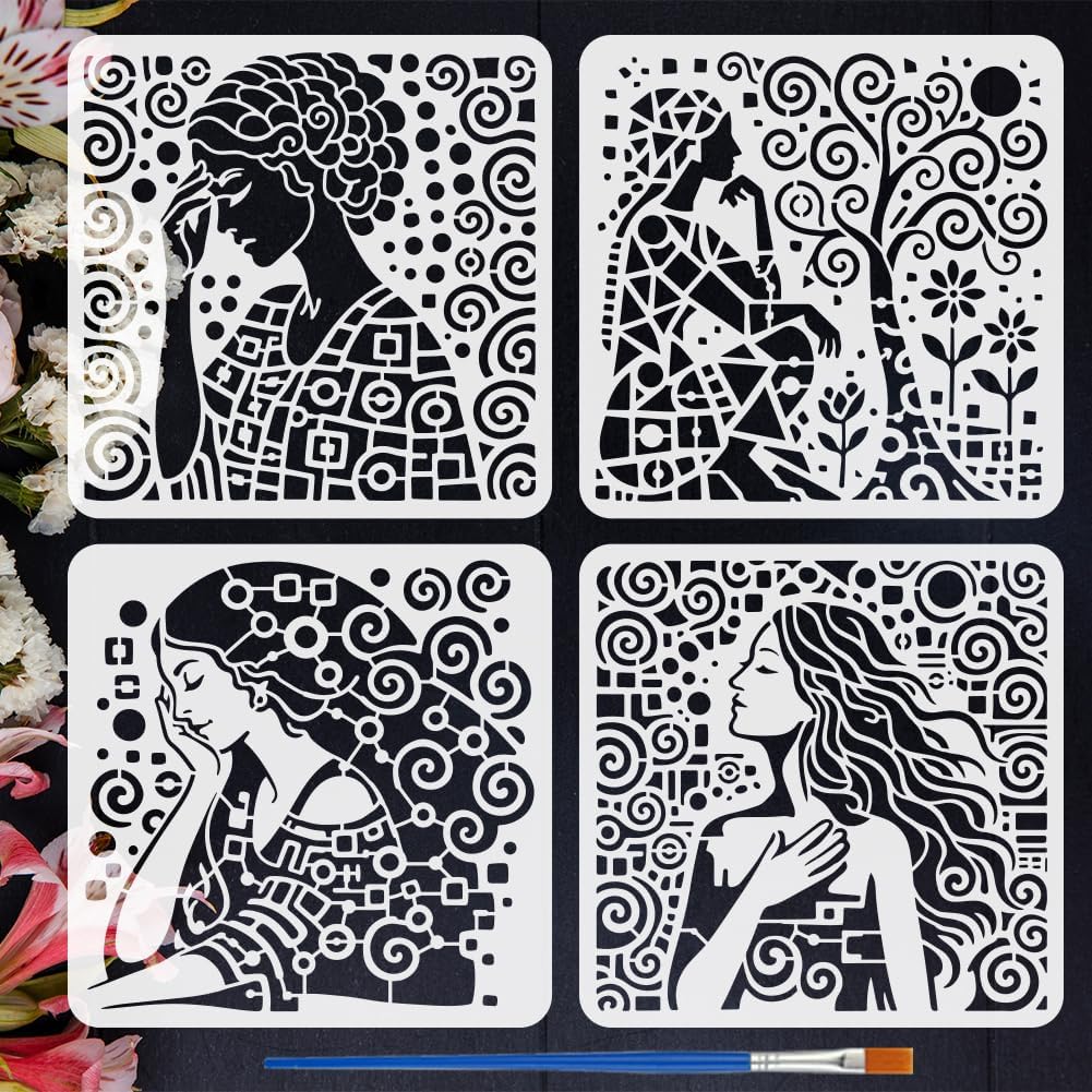 FINGERINSPIRE 4Pcs Dreamlike Women Painting Stencil with a Brush 11.8x11.8 inch Dreamy Theme Stencil Abstract Women Trees Flowers Stencils for Diary Scrapbook DIY Craft, Wall Floor Fabric Decoration