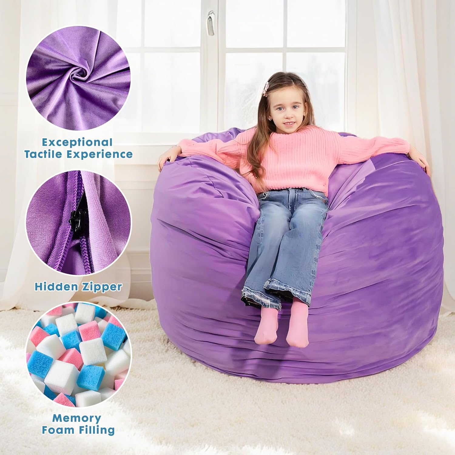 Bmag Giant Bean Bag Chair Bed, 6FT Convertible Bean Bag Chair & Crash Pad, Large Floor Sofa Lazy Chair with Memory Foam, Big Sofa Bed in Bedroom Dorm Room, Removable Washable Cover, Purple - Image 4