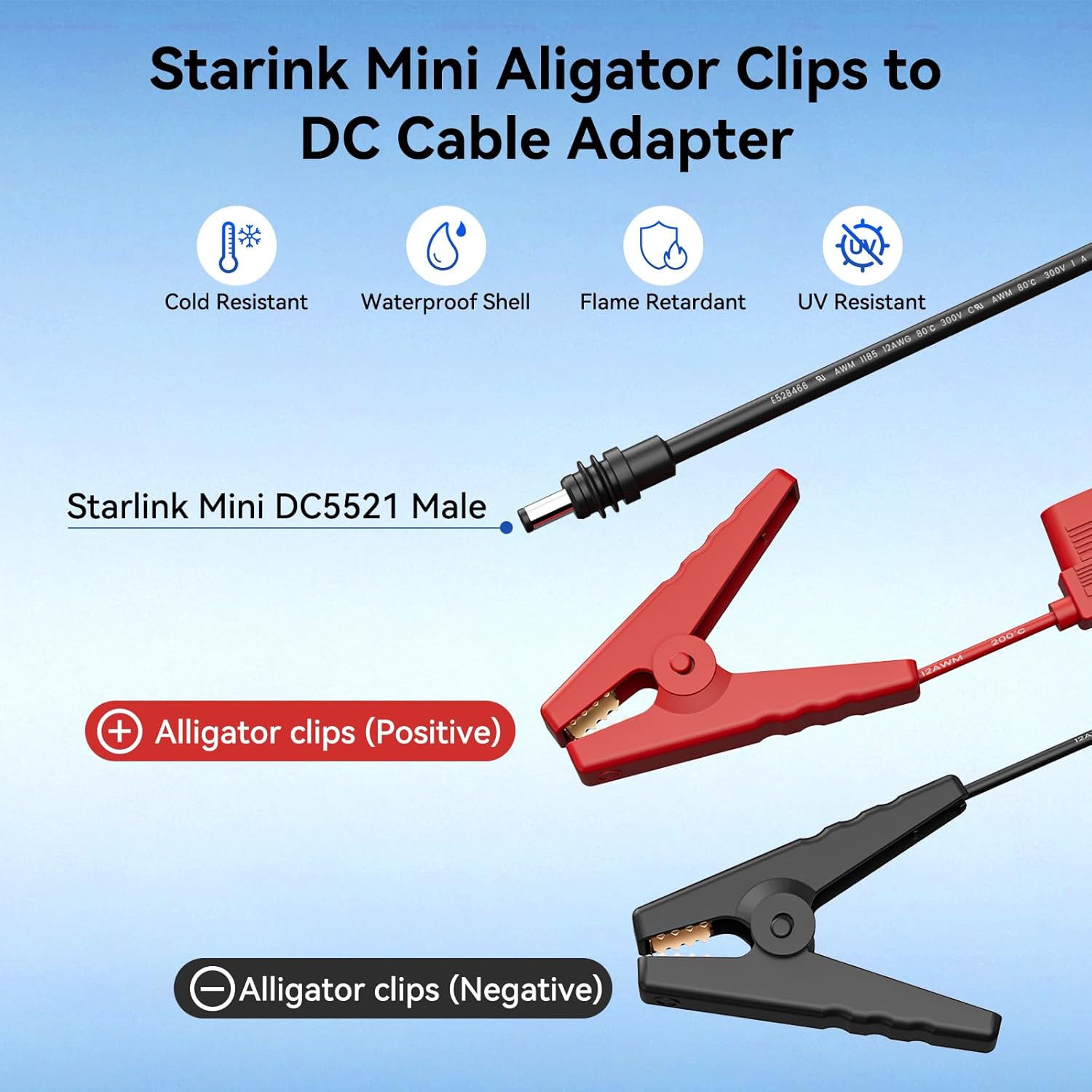 Starlink Mini Power Cable, Alligator Clips to DC Cable 12-48V Input Adapter for Starlink Mini, 12AWG DC Power Cable with 20A Fuse Protection, DC5521 Male Connector for RV, Boat, Car Battery(6.5FT)