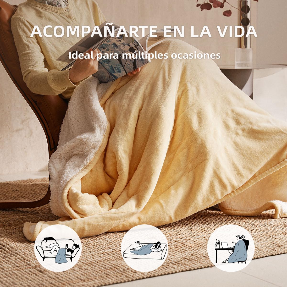 JET'S HOME Manta Eléctrica 130x180 cm, Manta calefactora 6 Niveles de Calor, Temporizador Ajustable, Lavable a Máquina, Protección contra Sobrec Calentamiento (Amarillo)