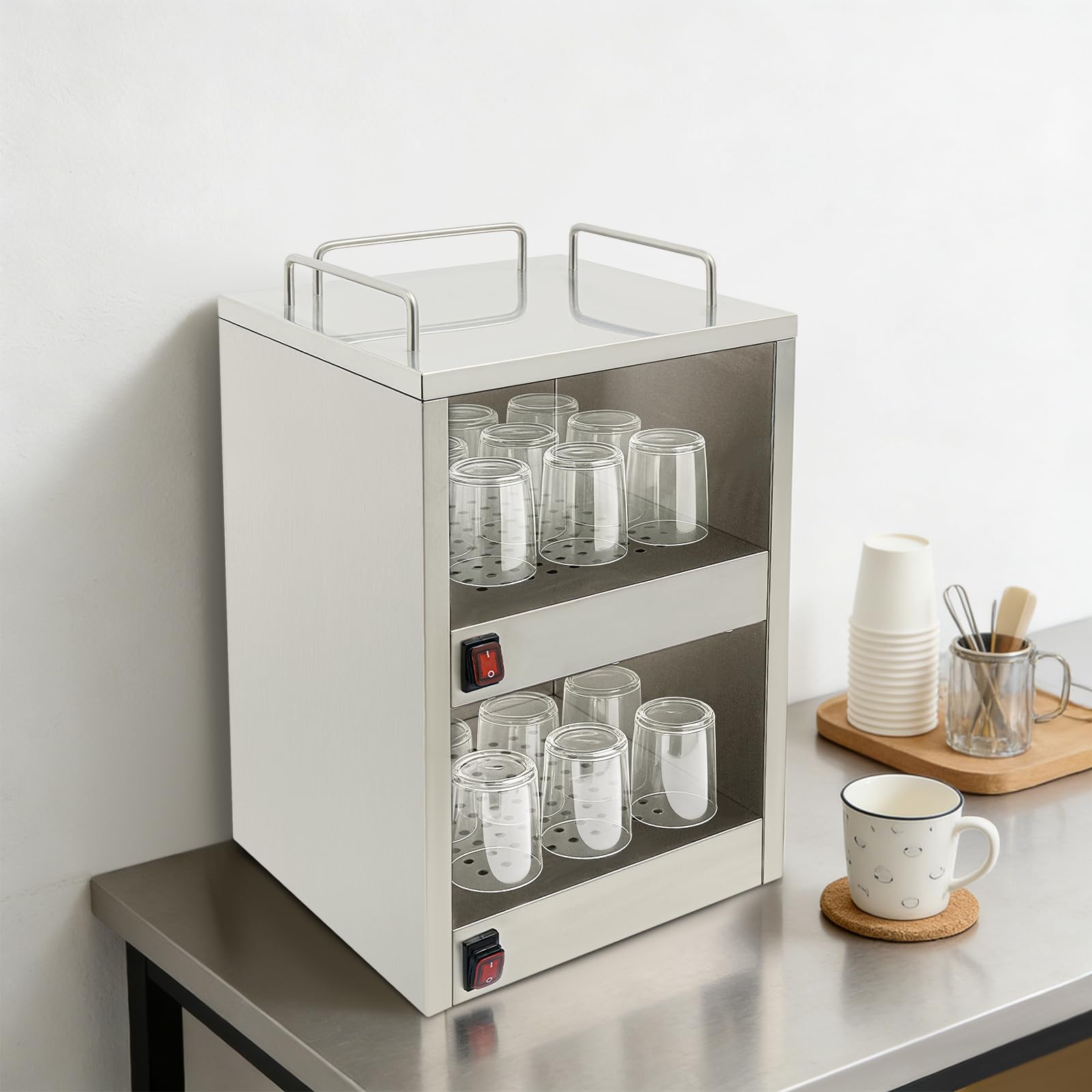 Armadio riscaldante per tazze, con 2 scomparti riscaldanti indipendenti, scalda tazze da caffè elettrico, per gastronomia, caffetteria, casa, 32,5 x 32 x 55 cm