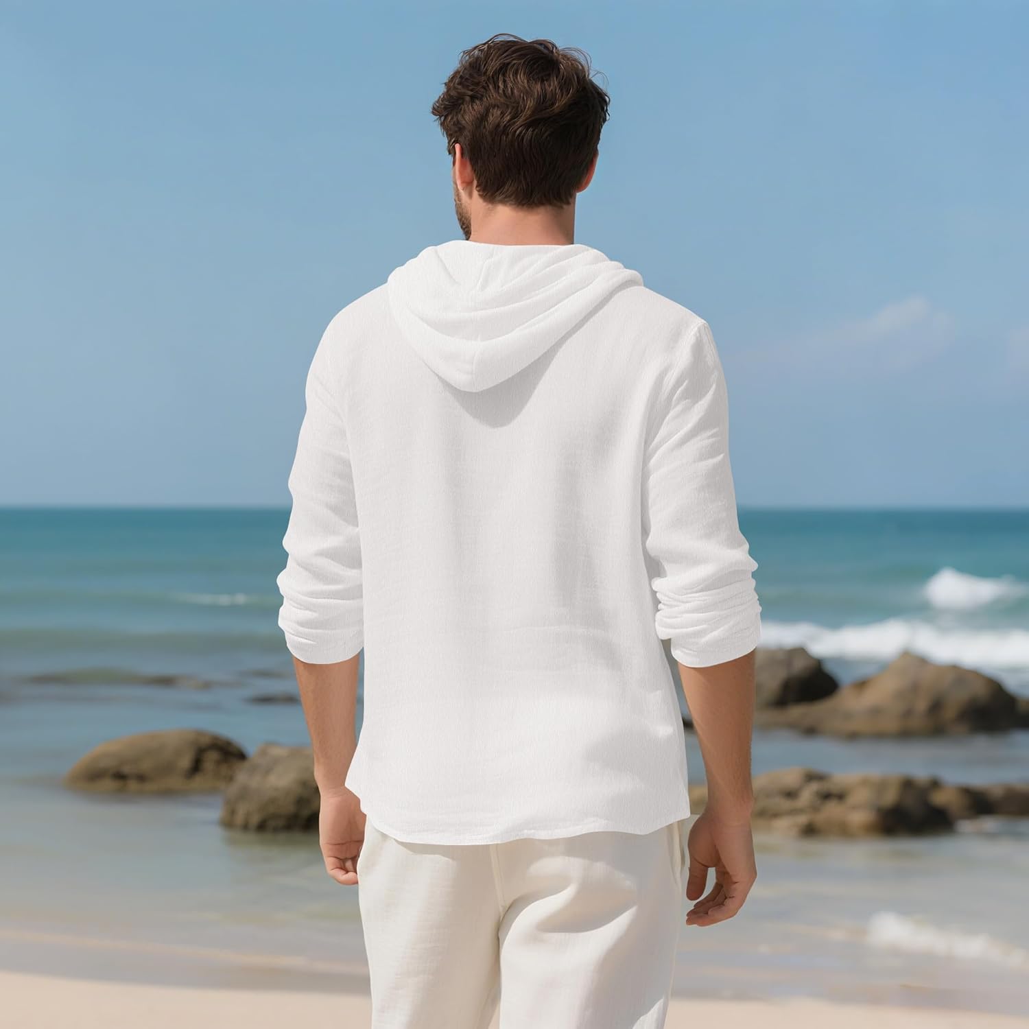 Mens Cotton Linen Hoodies Lightweight Long Sleeve Button Down Shirts Casual Hawaiian Beach Yoga Tops Sweatshirts - Image 4