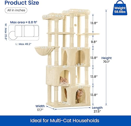 Miniatura 6 de MWPO Árbol extragrande para gatos de interior, torre para gatos de 70.1 pulgadas de alto con 3 condominios grandes, soporte de varios niveles para