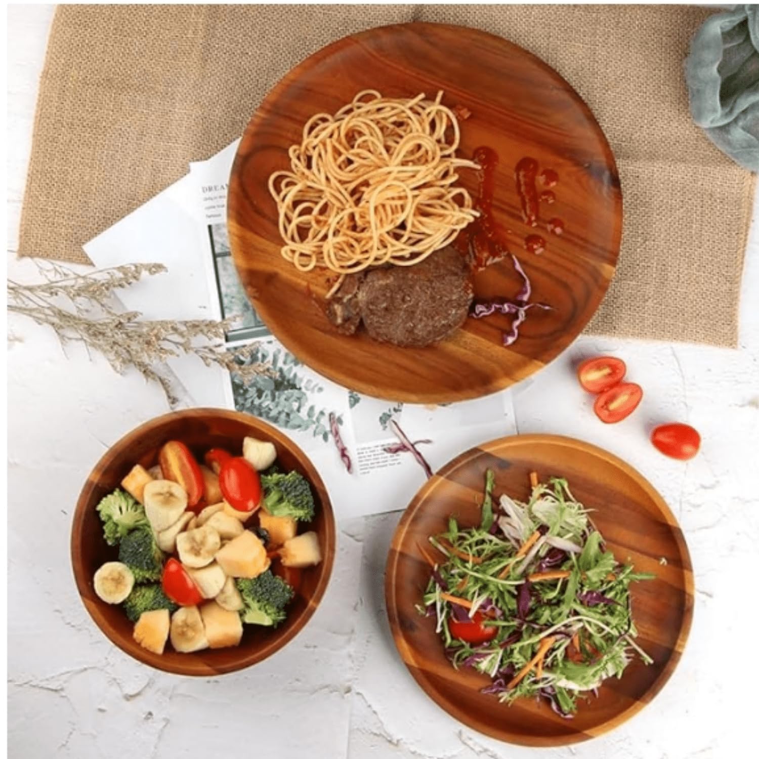 Service de table 12 pièces en bois d'acacia pour 4 personnes