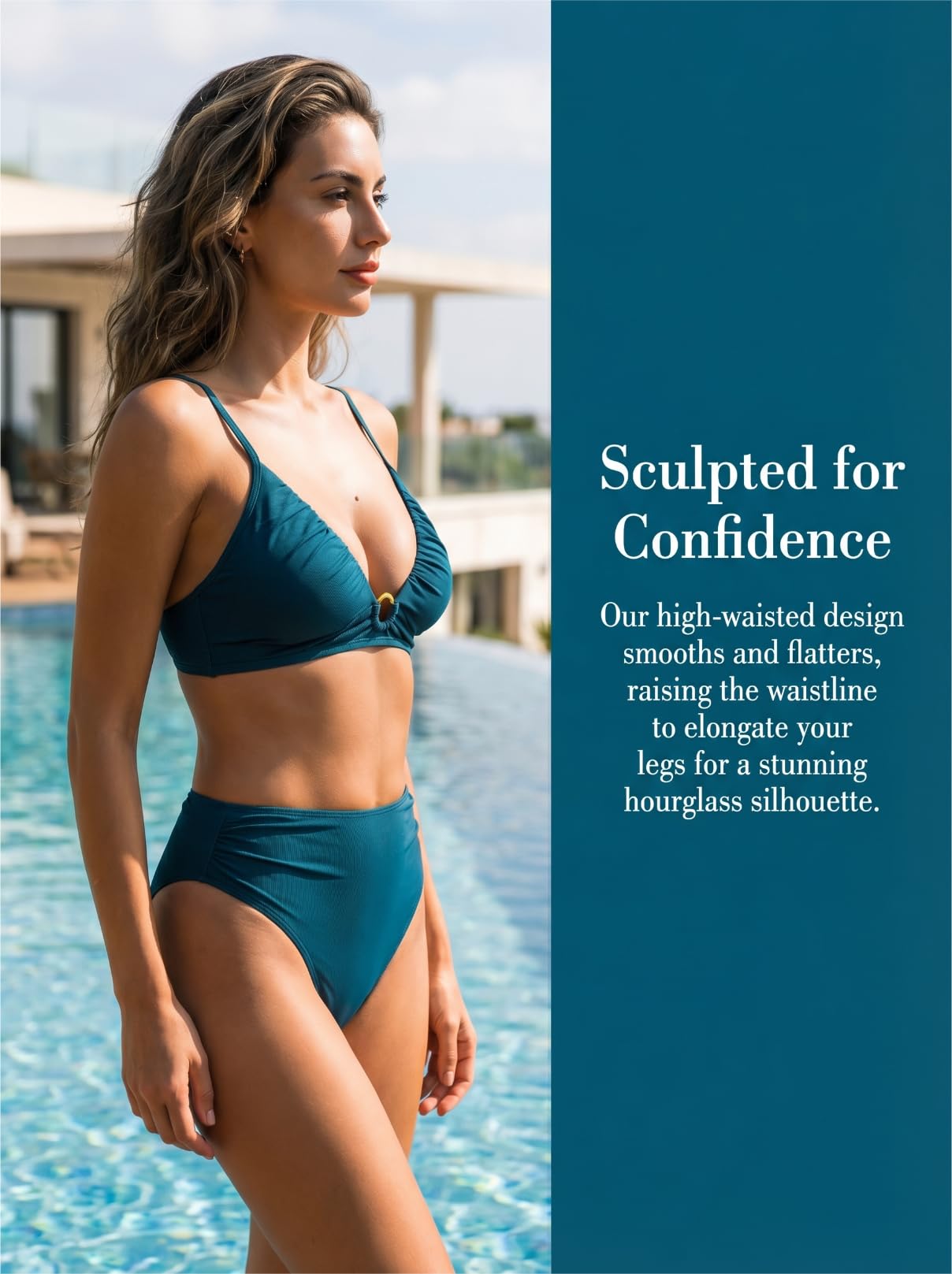 CUPSHE Traje de baño de dos piezas para mujer, conjunto de bikini de cintura alta, cuello en V, anillo en O, correas extraíbles, fruncido