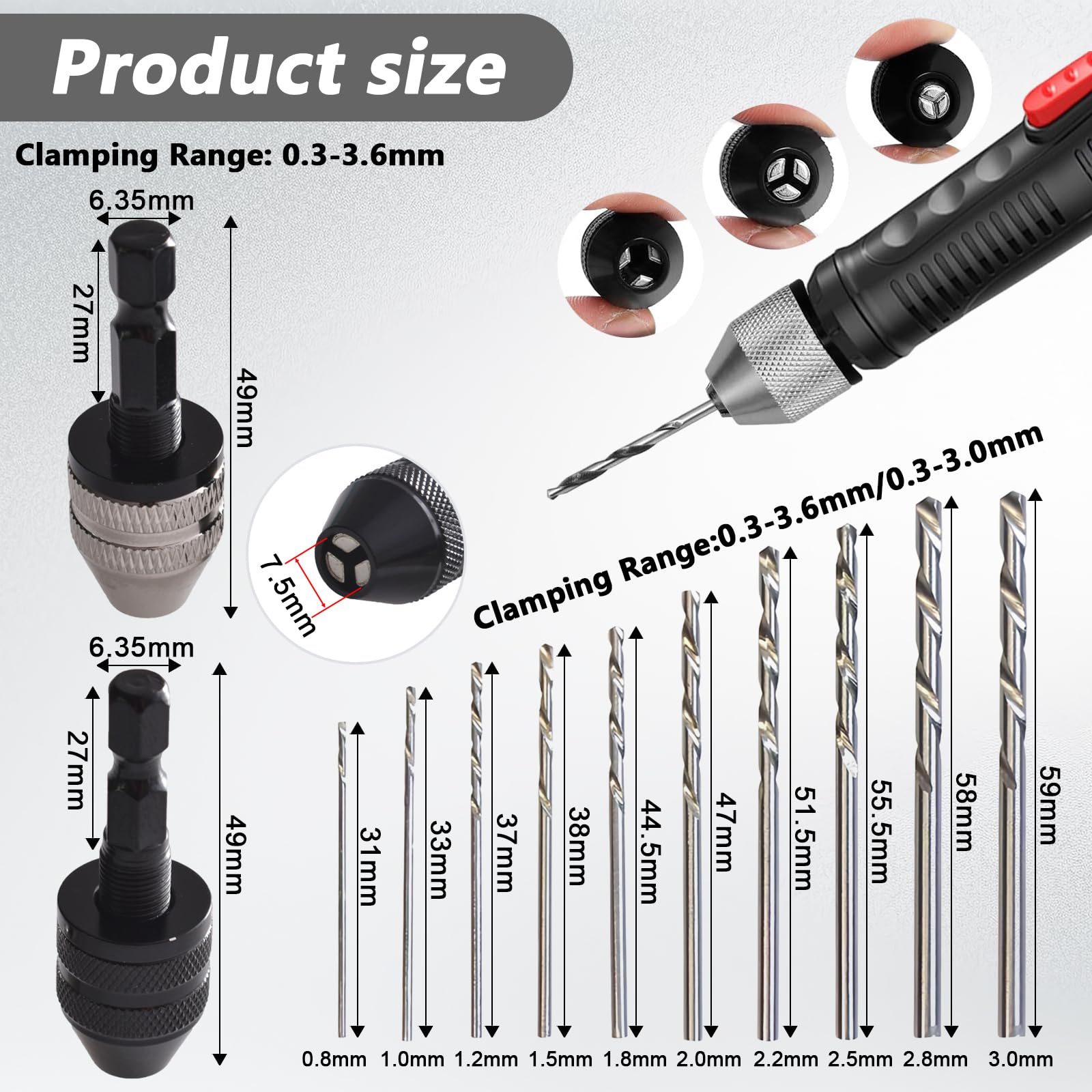 2 pieces drill chuck aluminium alloy with 10 pieces twist drill bits (0.8-3.0 mm) drill chuck adapter stainless steel drill keyless drill chuck for wood plastic jewellery model making DIY holes - Image 2