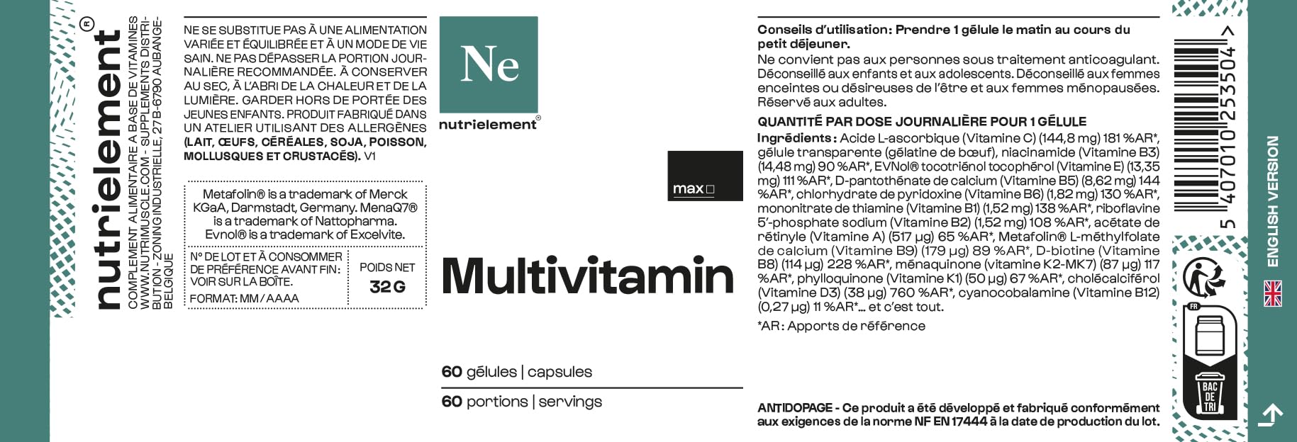 Nutrielement - Multivitamines 13 vitamines - 30 gélules - Riche en vitamine D, C, E, B3, B5, B6, B1 - Complément Alimentaire - Immunité - Fatigue - Beauté Peau et Cheveux | By Nutrimuscle