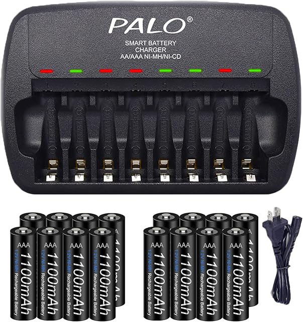 16 Packs Rechargeable AAA Batteries With Charger, 1.2V Low Self Discharge Ni-MH Batteries With Smart 8 Bay Independent Fast Battery Charger
