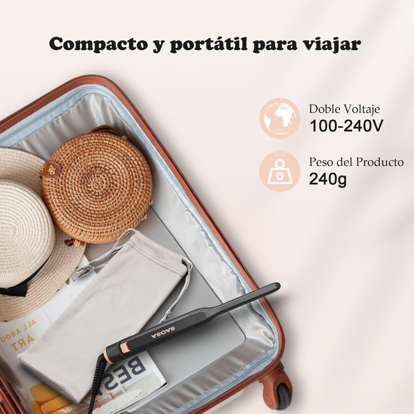 Mini Plancha de Pelo, SAOSA Plancha y Rizador de Pelo 2 en 1Plancha de Pelo Pequeña Para Pelo Corto Para Rizar y Alisar, Placa Calefactora de Cerámica, Doble Voltaje, 90-220°C, Oro rosa (s)