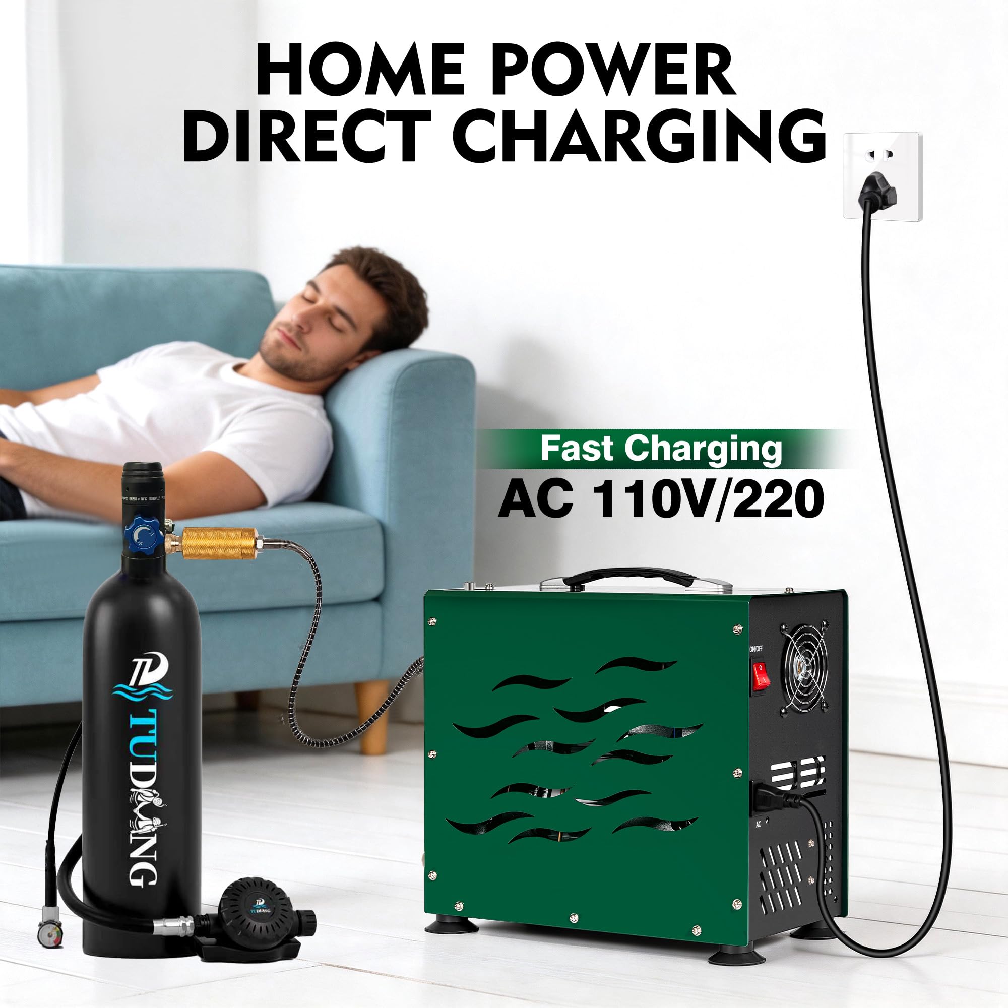 TUDIVING – 4500 Psi/300 Bar Luftkompressor | 800 W Zweizylinder-Antrieb | Schnelles Aufpumpen | Automatische Abschaltung | Hochdruckkompressor für PCP, Paintball, Luftgewehr und Tauchflaschen