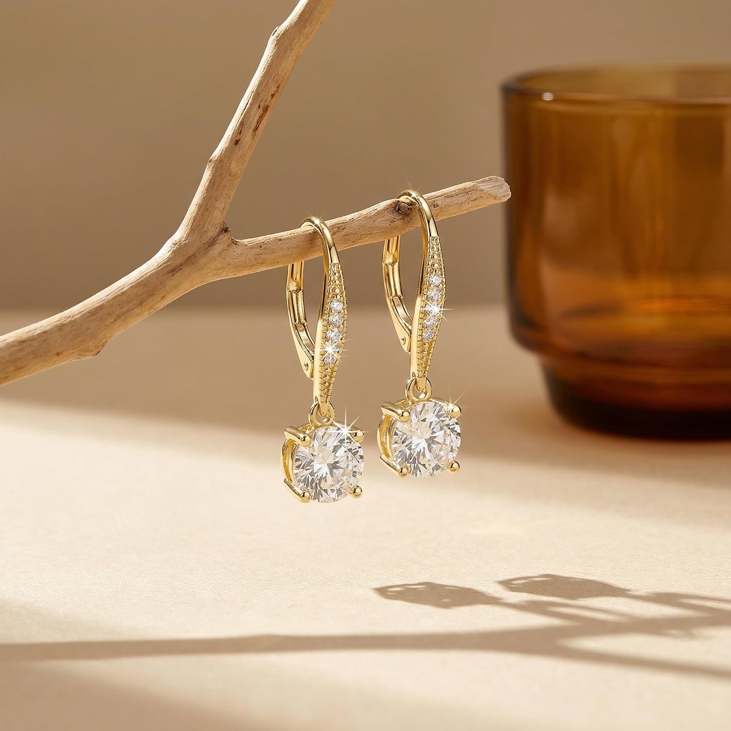 Gold Dangle Earrings for Women 14K Gold Earrings for Women Drop Earring for Womens Classic and Refined Look with a Large Cubic Zirconia Leverback Earring for Womens 25mm