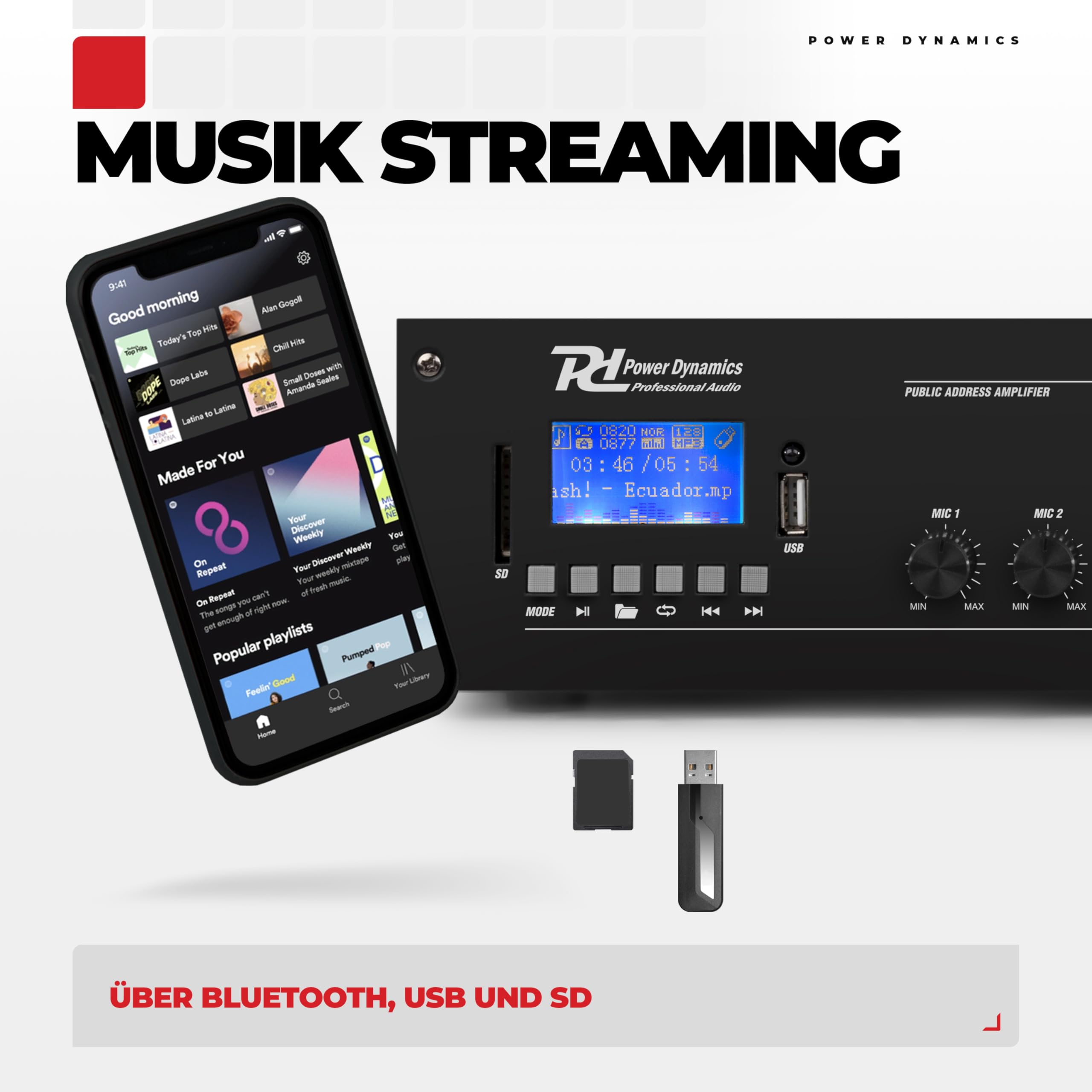 Power Dynamics PRM360 PA Endstufe - Verstärker für Lautsprecher und Musikanlagen, 100 Volt System, 360 Watt PA Verstärker, Bluetooth, MP3-Player, USB, SD, 2x Mic, Soundverstärker