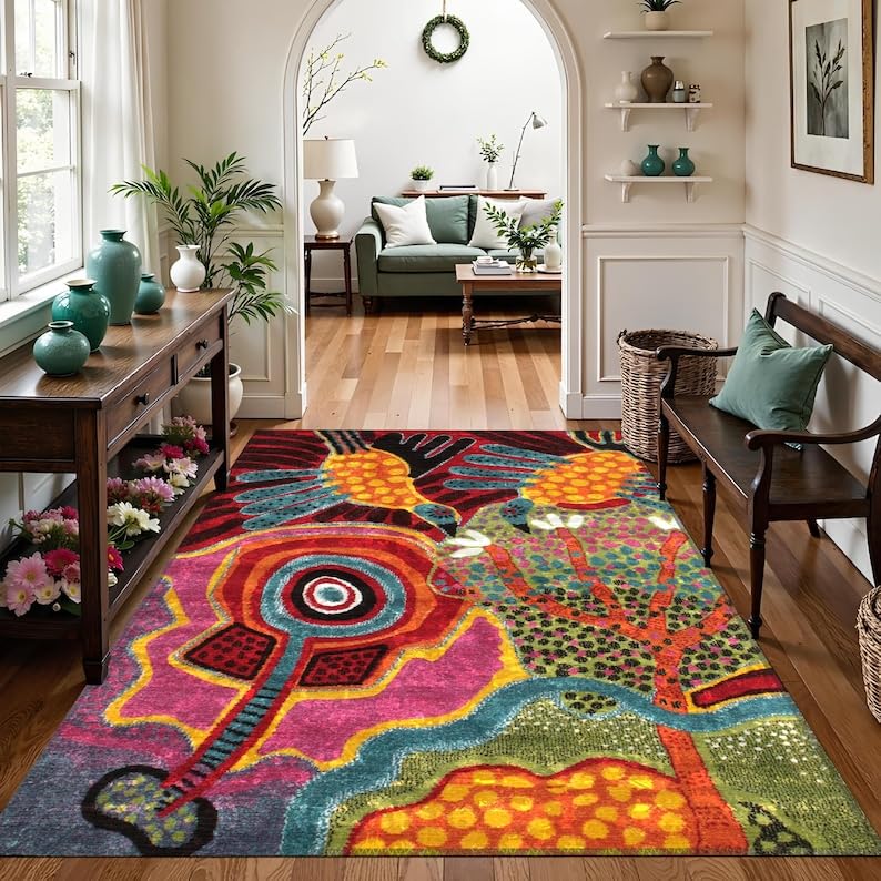 Tapis abstrait oiseaux en fausse fourrure cachemire douce lavable