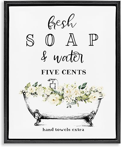 Stupell Industries Jabón fresco y agua bañera baño diseño enmarcado flotante lienzo pared diseño de arte de pared por letras y forrado Flotador