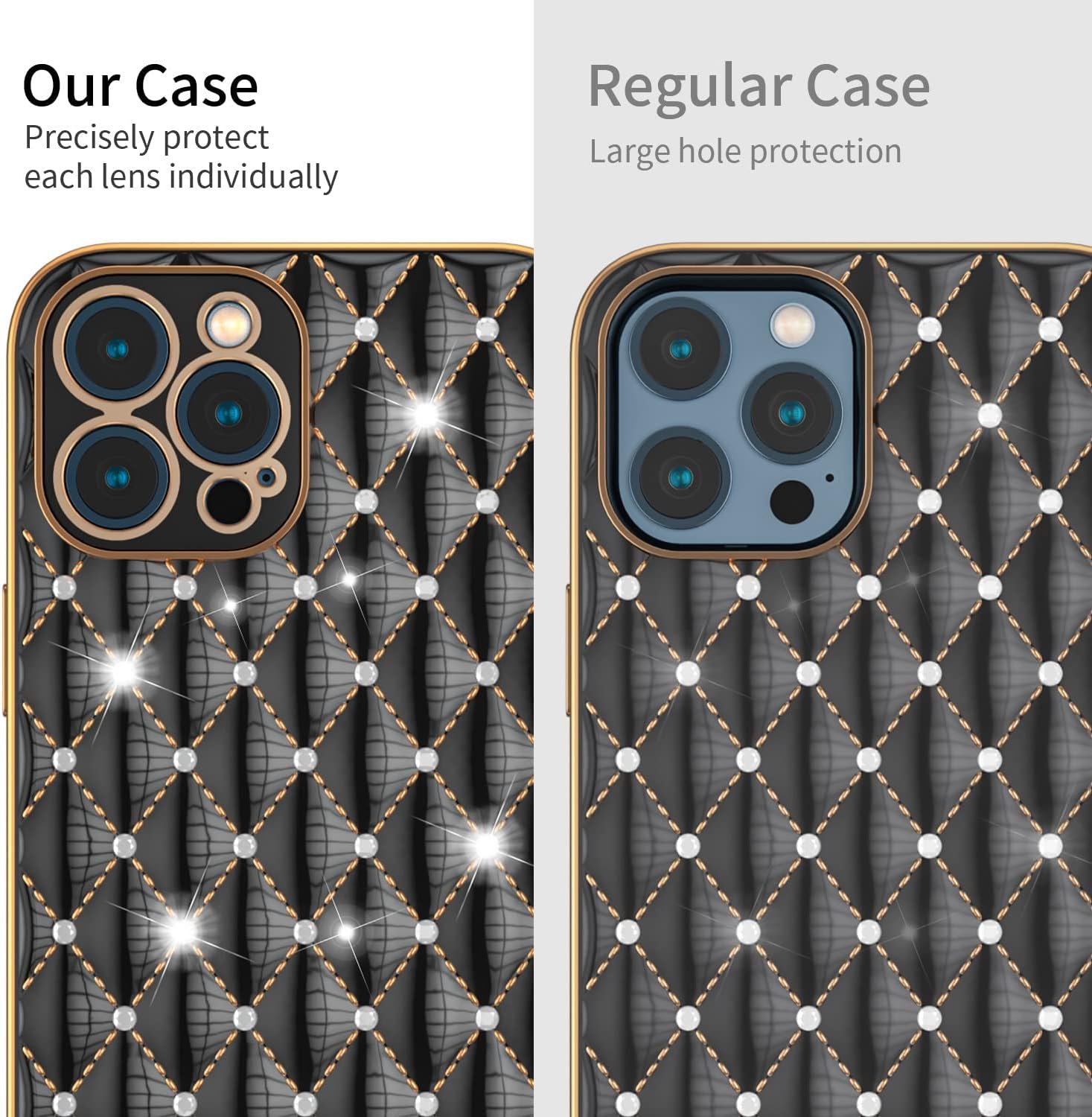 Anynve Compatible with iPhone 12 Pro Max Case, Glitter Sparkle Luxury Diamonds Design, Full Camera Lens Protection + Slim Soft Shockproof Bumper Gold Plating Edge Case [6.7 inch] -Black
