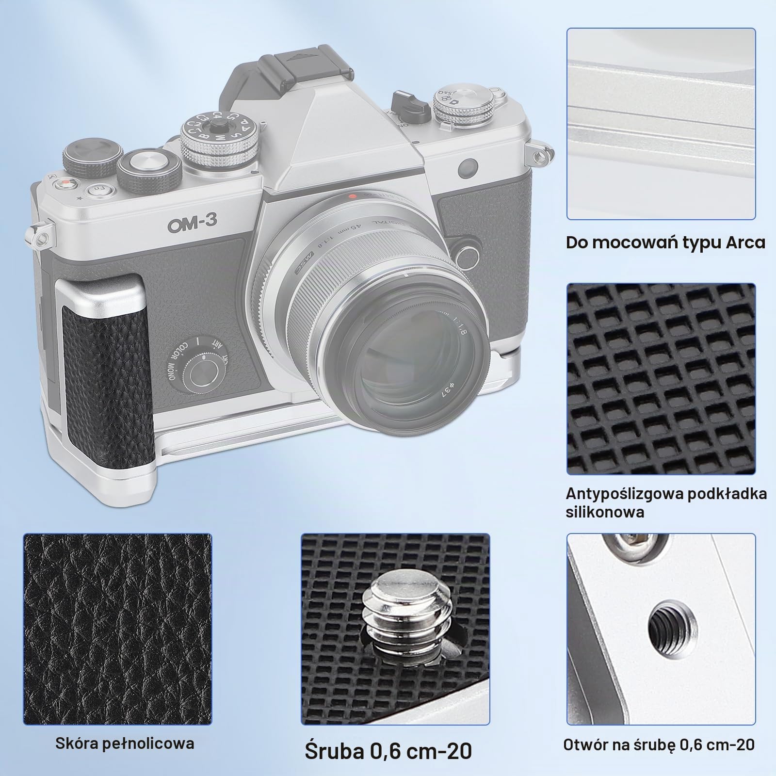 Haoge Uchwyt do aparatu OM SYSTEM OM-3, uchwyt L pasuje do Arca Swiss Kirk RRS Benro Quick Release Plate, HG-OM3-S