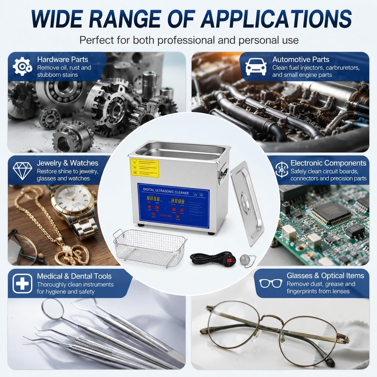 Pulitore a Ultrasuoni 40KHz con Riscaldamento e Timer Digitale, Macchina per Pulizia a Ultrasuoni per Gioielli, Occhiali, Dentiera, Apparecchio Ortodontico, Bite, Orologi, Monete e Parti Metalliche