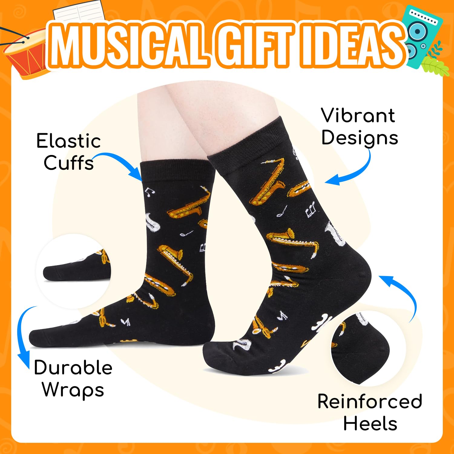 Zmart Music Gifts for Music Lover - Piano Guitar Saxophone Drum Socks for Player Musician