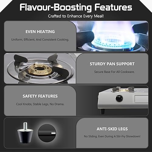 Miniatura 6 de Estufa de gas portátil de 2 quemadores, estufa de gas doble estufa de campamento de acero inoxidable, estufa de gas portátil de propano estilo indio
