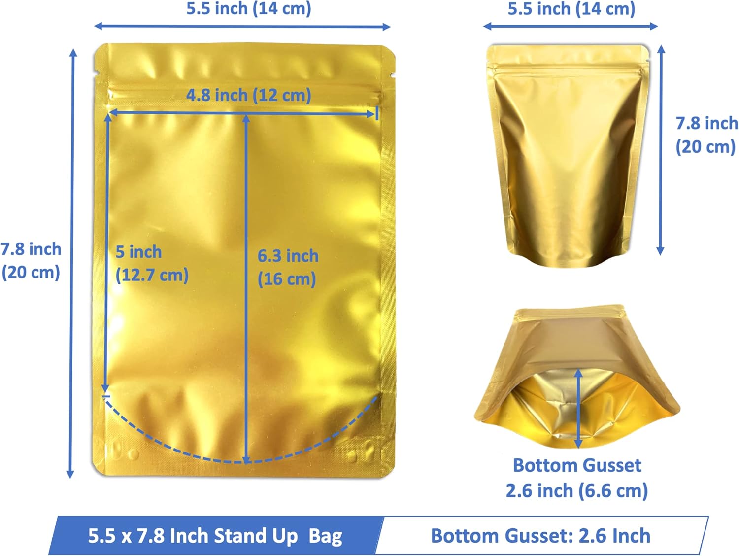 100 Pack 5.5x7.8 Inches Matte Gold Mylar Stand Up Bags, 100 Pack 5.5x7.8 Inches Matte Black Mylar Flat Bags - Bundle