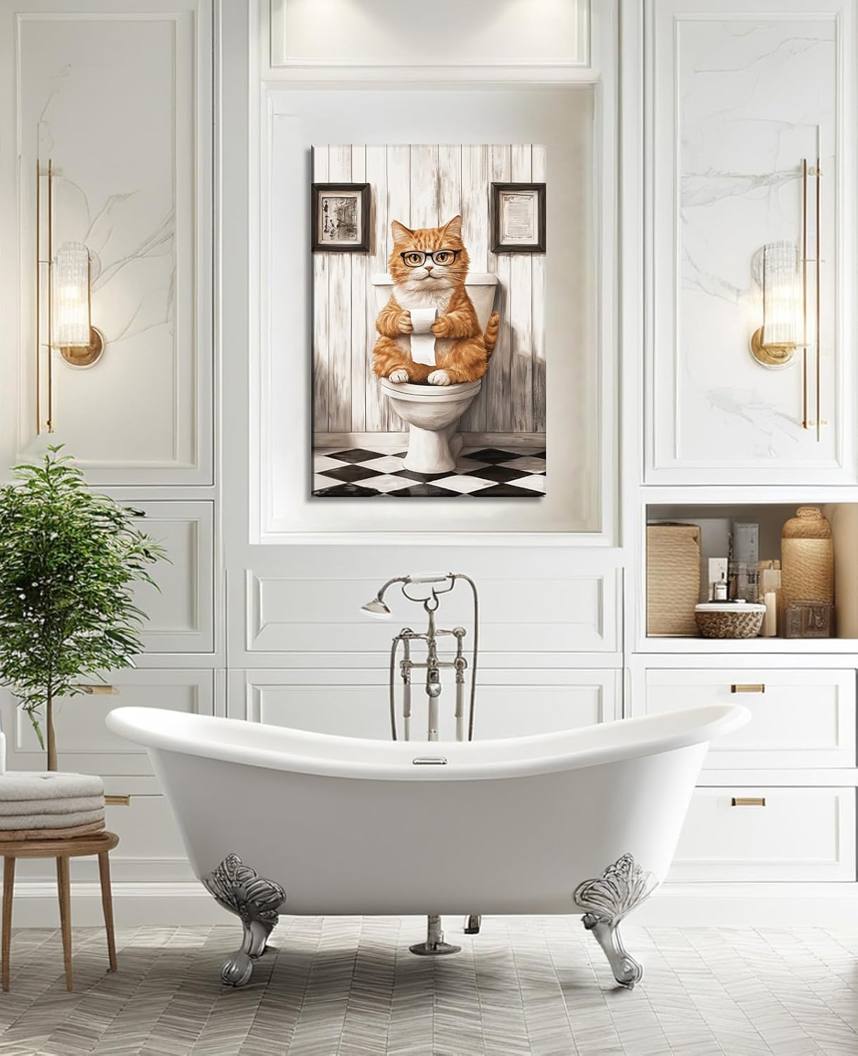 Bathroom Canvas Wall Art Cat Decor Vintage Picture Funny Orange Cat Sit on Toilet with Paper Towel Painting Prints Farmhouse Wall Decor Framed(Art-2,12.00x18.00 inch)