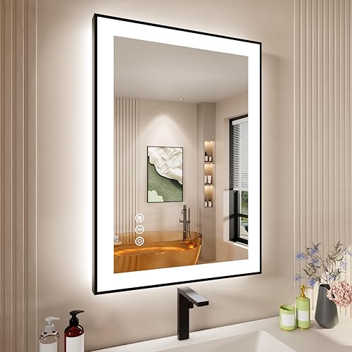 Miniatura 26 de Espejo de baño LED de 20x28 pulgadas con marco negro, espejos de baño retroiluminados y con luz frontal para pared, antiempañamiento, regulable, con