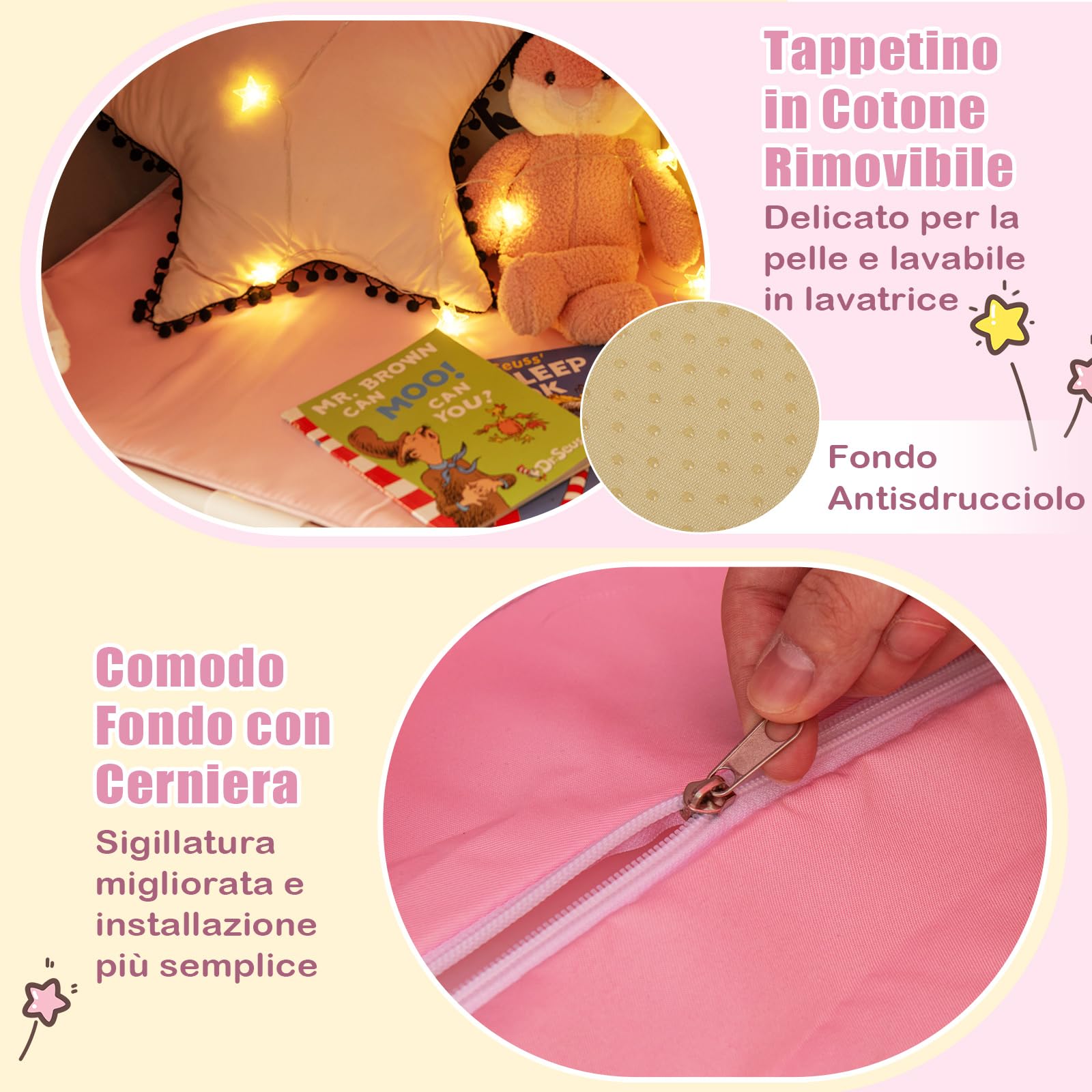 COSTWAY Tenda da Gioco per Bambini, Tenda Castello con Tappetino Lavabile, Luci a Forma di Stella, per Interno ed Esterno, 105 x 121 x 136 cm (Stile 2 Rosa)