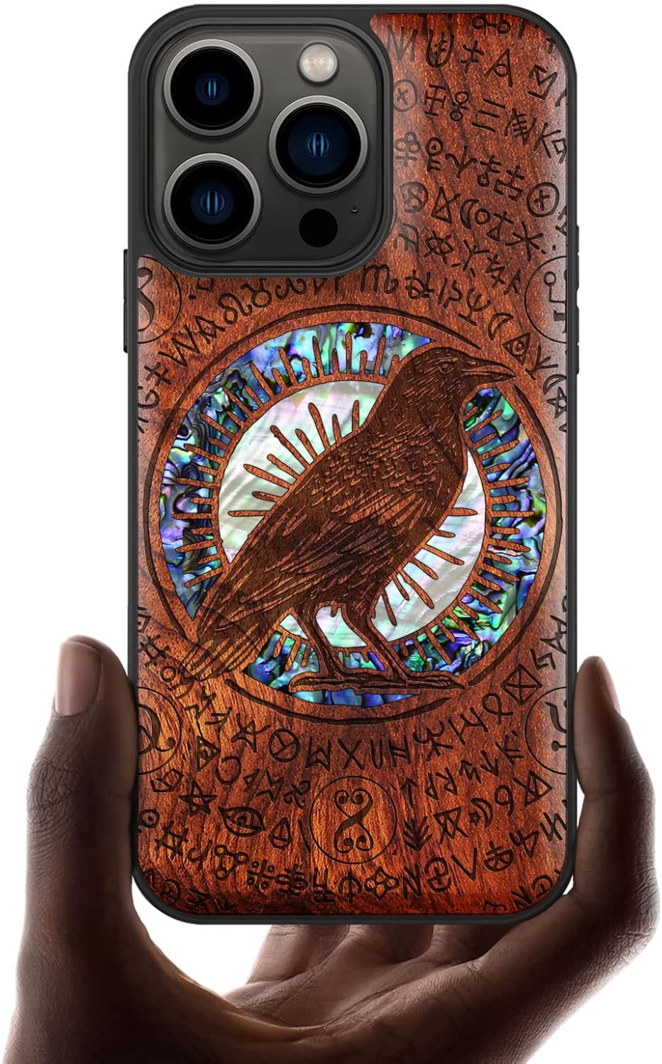 Carveit Designer Wooden Protective Case for iPhone 13 Pro Magnetic Cover [Wood Engraving & Shell Inlay] Wood Phone Case Compatible with 13 Pro MagSafe 6.1 Inch (Raven-Rosy)