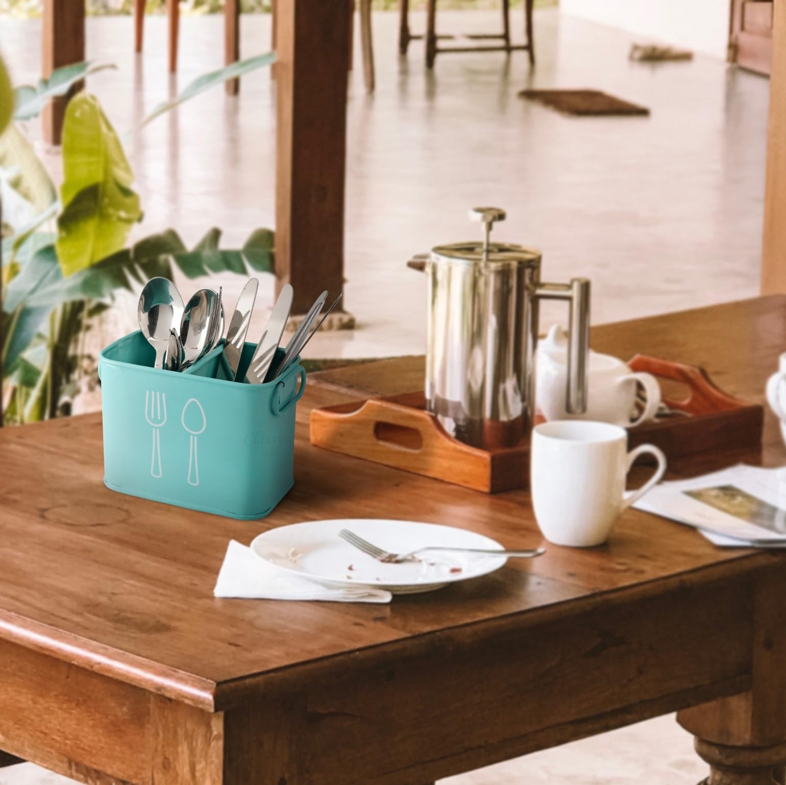 Classyo Cutlery Holder & Spoon Stand For Kitchen & Dining Table - Aqua Steel Caddy, 4 Pieces, Glossy Finish 4