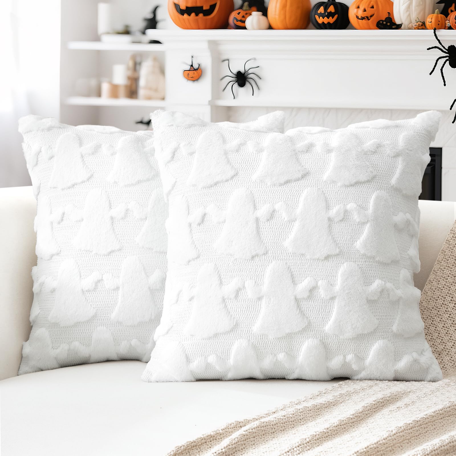 Artscope Set of 2 Ghost Cushion Covers Halloween Throw Pillow Covers for Sofa Couch Bed Living Room Soft Plush Short Wool Velvet Farmhouse Pillowcases for Thanksgiving 60x60cm White