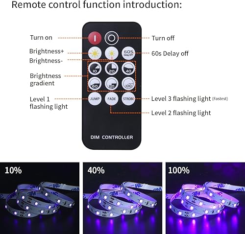 Miniatura 3 de Onteisk - Kit de cinturón de luz LED UV negro de 40 pies, 720 cuentas de lámpara UV, lámpara negra flexible de 12 V, 39.4 ft con control remoto,