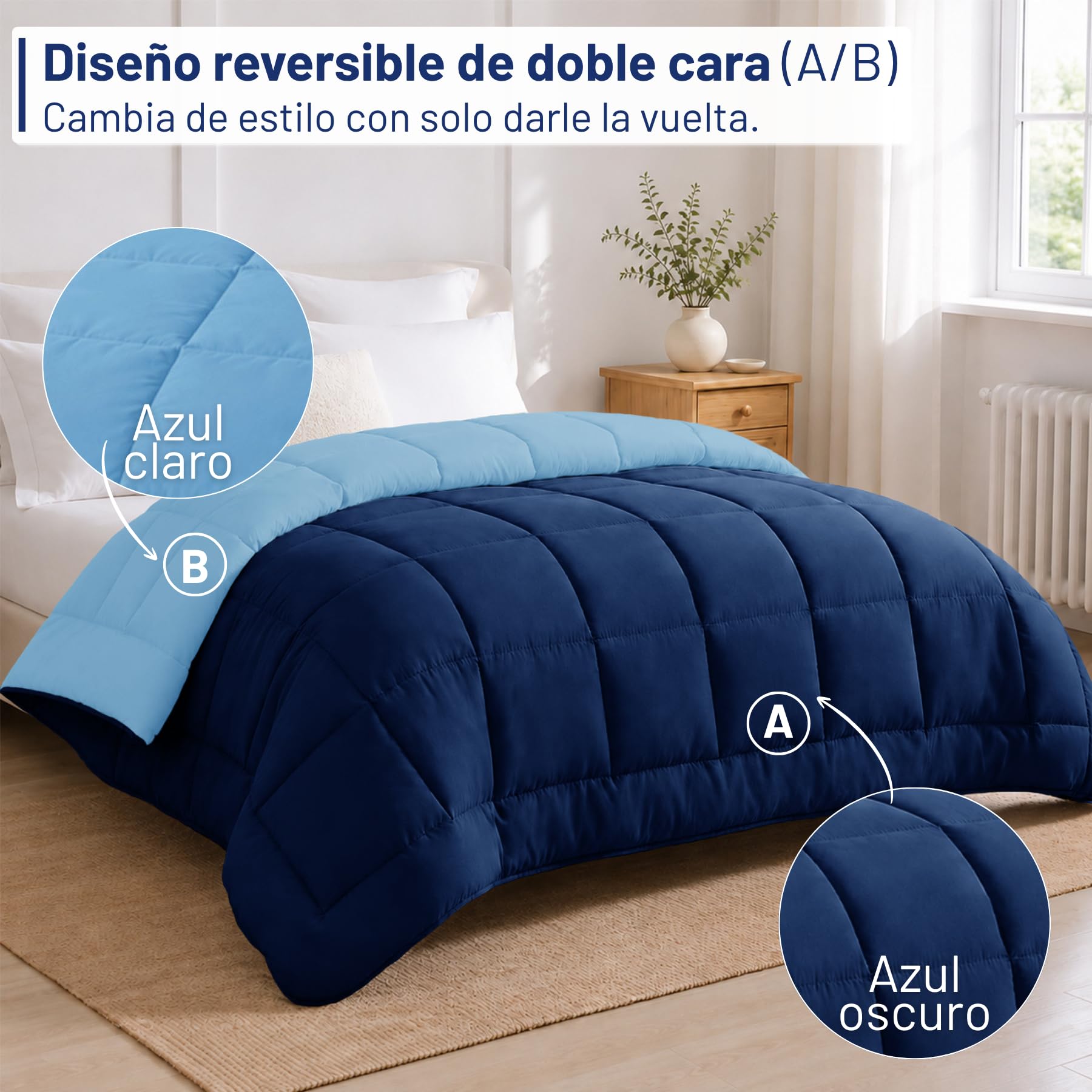 DALINA Edredón de Fibra para Cama 135, 220 x 220 cm, 300gr/M², Azul | Relleno Nórdico 100% Poliester, Doble Cara Comfortable, Suave, Transpirable, Grueso